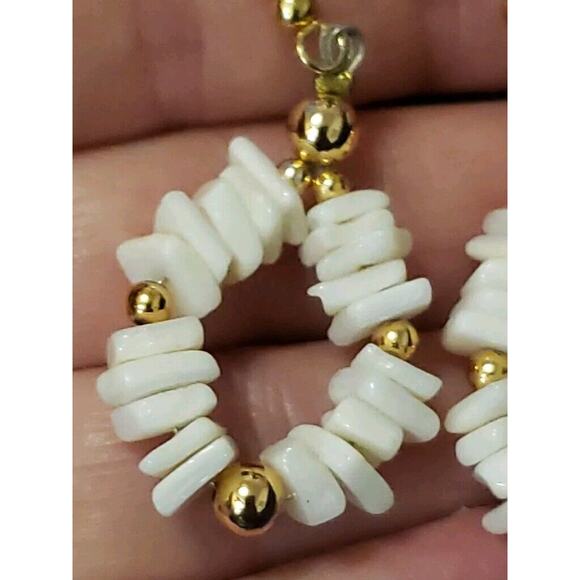 Shell Chip Dangle Hoop Earrings, Bright White Polished Smooth, Gold Tone Accents - Picture 6 of 9